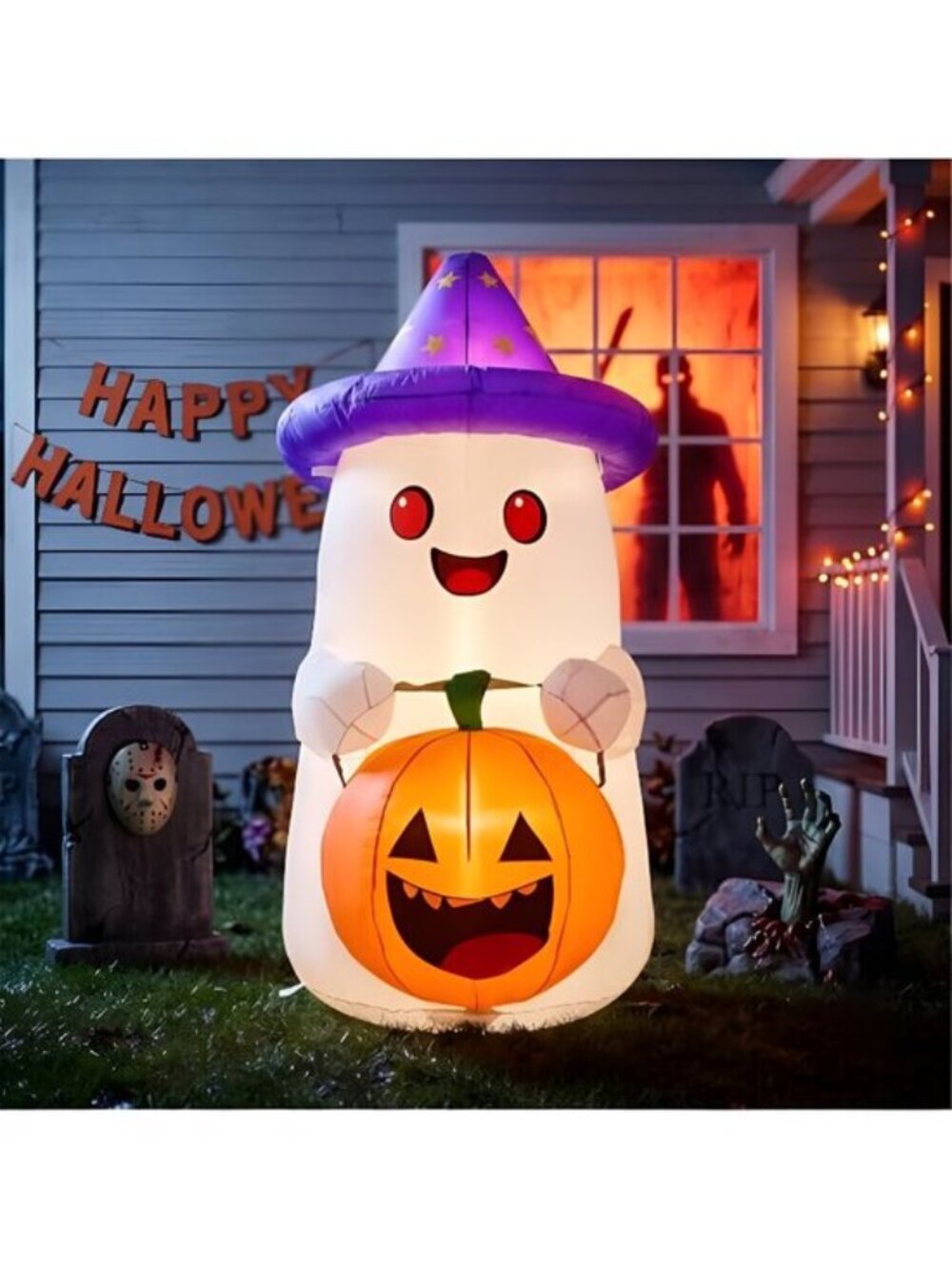 5 FT Halloween Inflatables Decor, Cute Inflatable Ghost with Pumpkin, Built-in